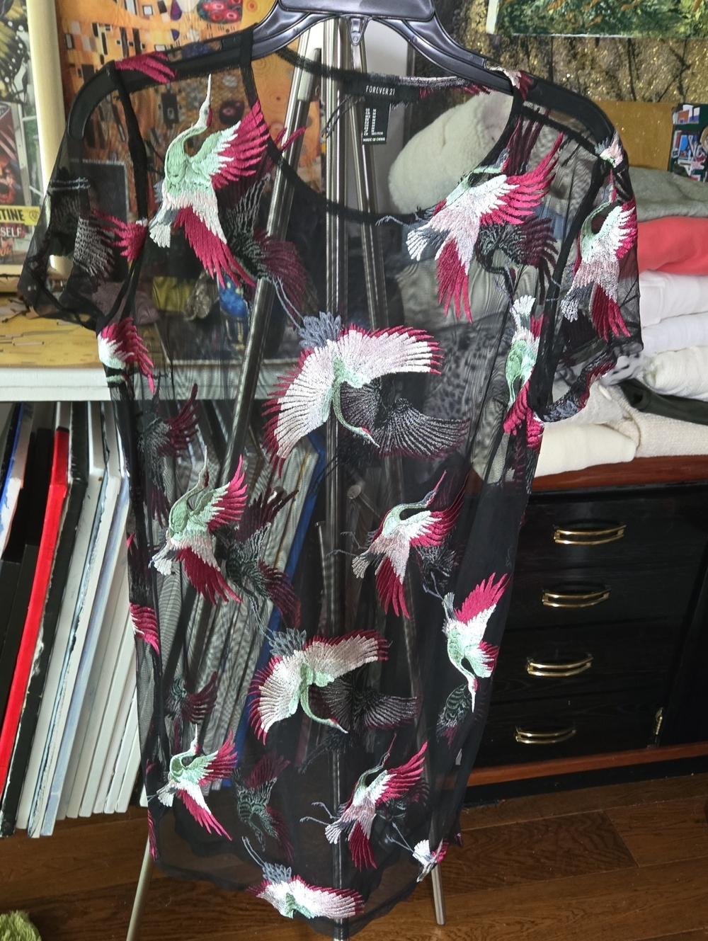Sheer Black Embroidered Bird Cover-Up Top - Pink & Mint Detail 22 P2p 32 L